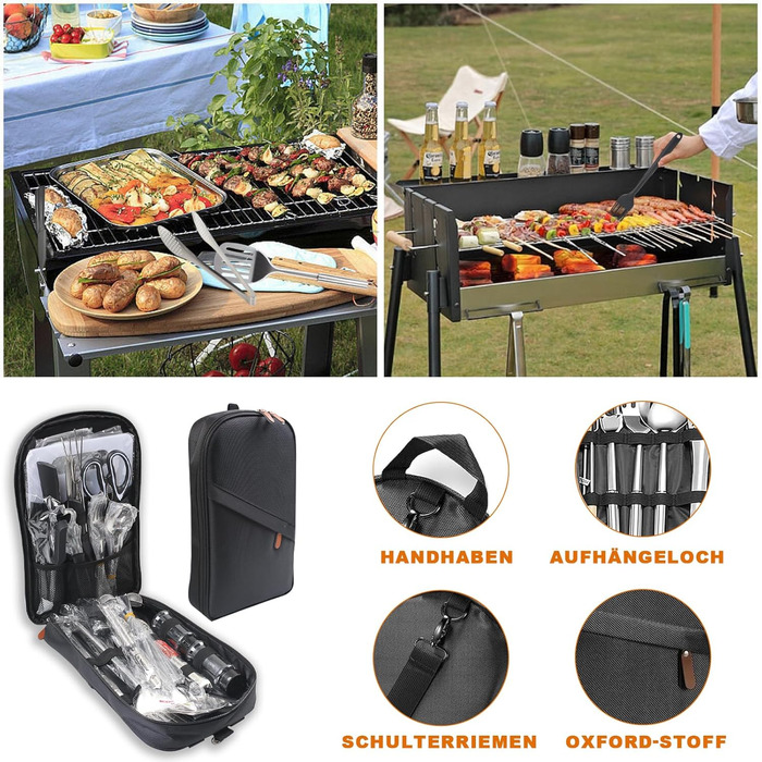 Набір кухонного приладдя для кемпінгу TIHOOK 36 шт. з нержавіючої сталі, з органайзером та 10 шампурами для гриля, для пікніків, походів та кемпінгу