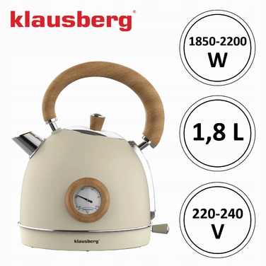 Електричний чайник Klausberg KB-7906 RETRO з термометром, 1.8 л, бежевий, 2200 Вт