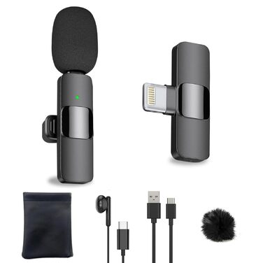 Беспроводной петличный микрофон USB-C 2-в-1 для iPhone, с шумоподавлением KI, мини-микрофон для видеоблогинга, видео, подкастов, интервью, TikTok, YouTube - Черный (2 TX + 1 RX) (для Lightning (1 Mic))