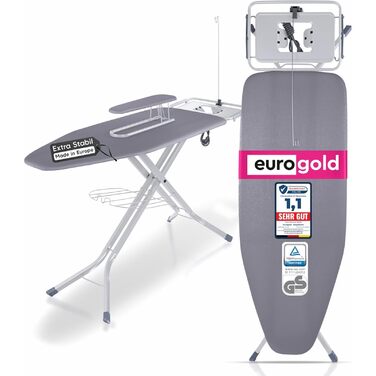 Прасувальна дошка EUROGOLD для парогенератора 130x48 см з розеткою, регульована по висоті, складана, з підкладкою для рукавів та підставкою для праски, бавовняний чохол Oeko-Tex (Сірий)