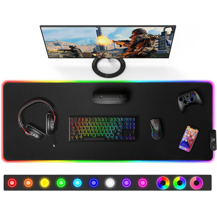 Килимок для миші гімнастичний Gimars RGB, XXL 800x300x5 мм, вологостійкий, з підсвічуванням 12 LED, чорний