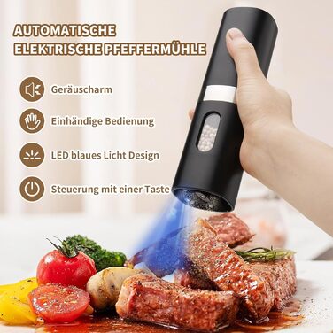 Salt and Pepper Shakers Electric 2-Piece Set, Automatic Pepper Grinder with Charging Station, USB Rechargeable Spice Grinder Electric, Adjustable Coarseness, One-Hand Operation, Ceramic Grinder, LED Light