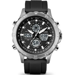 Годинник PINDOWS для чоловіків: водонепроникні спортивні годинники (аналогові/цифрові), багатофункціональні, міцні, з LED-підсвічуванням, будильником, секундоміром (чорний/сріблястий)