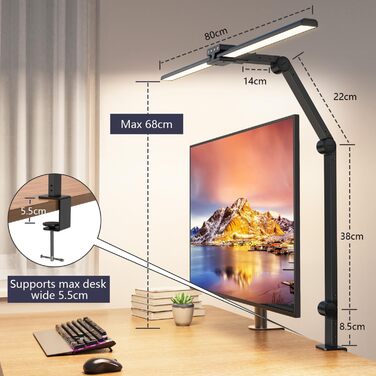 LED лампа для столу KableRika 24W з двома головками, регулювання яскравості, 1200lm, захист очей, для офісу та дому, чорна