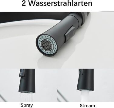 Кухонний змішувач з двома виливами, поворотний 360°, з висувною лійкою, з спіральною пружиною, для мийки, чорний, з матовою обробкою