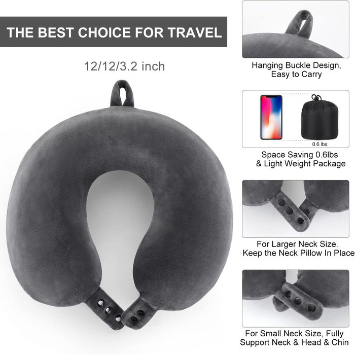 Подушка для шиї TALLGO з Memory Foam - для подорожей, автомобіля та дому (Сірий)