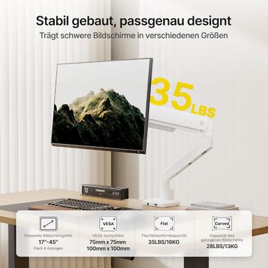 Кронштейн для монітора monTEK для екранів 17-45 дюймів, настінний тримач (1-16 кг), VESA 75/100, з USB-портами, регулювання нахилу та повороту, білий