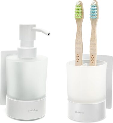 Dolvhin® Soap Dispenser and Toothbrush Holder Set | Frosted Glass Soap Dispenser & Toothbrush Holder | Stainless Steel Toothbrush Holder without Drilling | Adhesive Wall Soap Dispenser | Bathroom Set | Matte White