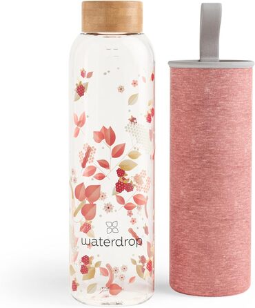 waterdrop® Edition Glass Bottle 600ml Drinking Bottle - Leak-proof glass bottle, suitable for carbonated drinks | BPA-free water bottle including neoprene sleeve | Dishwasher-safe, lightweight borosilicate glass bottle (Flair)