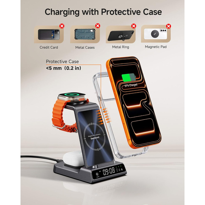 Бездротова зарядна станція 3-в-1 для Apple iPhone 16/15/14/13/12 Pro/Plus, Apple Watch Ultra 2/9/8/7/6/5, AirPods Pro/4/3/2 Tech-Grau