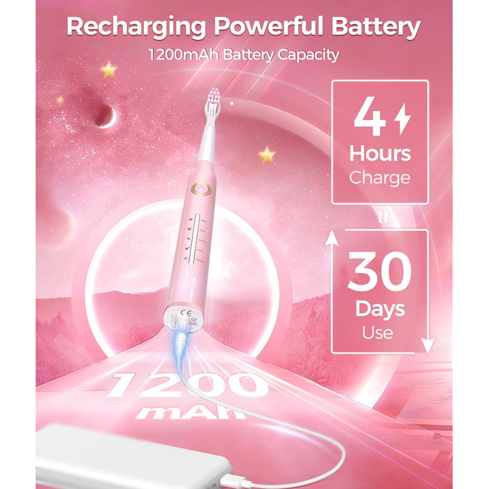 Звукова зубна щітка Schallzahnbürste для дорослих, 8 насадок, 40 000 VPM, 5 режимів, до 30 днів роботи, швидка зарядка, водонепроникна IPX7 (Рожева)