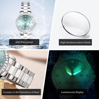 Годинник жіночий OLEVS з діамантами, елегантний, люкс, на зап'ястя, кварцовий, рожеве золото, скло керамічне (3651 Silver Blau)