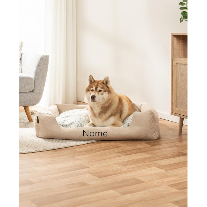 Lionto Dog Basket with Fluffy Reversible Cushion, Cozy Pet Bed in Heathered Design with Deep Entry for Dogs & Cats of All Sizes, 80x60 cm, Soft Dog Bed, (Beige, L 110 x W 80 x H 28 cm (with name tag))