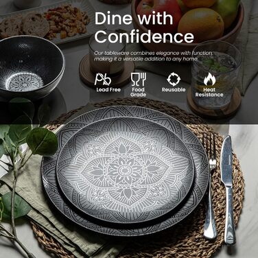 Набір тарілок та мисок Bzyoo з меламіну, 4 шт., чорний, La la Mandala. Без BPA, придатний для миття в посудомийній машині.