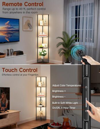 Стійка лампа OUTONLIFE з полицями, LED, 3 режими, регулювання яскравості, пульт, 5 ярусів, для вітальні, спальні, офісу, колір: Rustic Brown