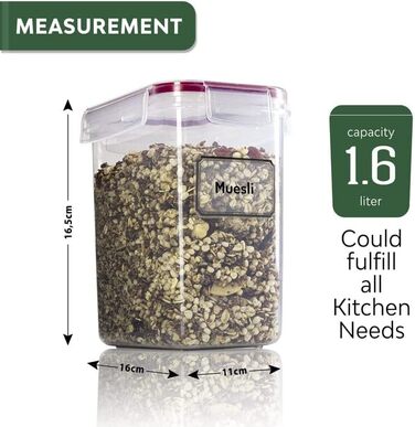 TNM Storage Container Set (4x1.6L), Airtight Food Storage Boxes for Kitchen - Plastic Containers with Lids, Cereal Dispenser & Freshness Containers, BPA-free Plastic, Storage for Noodles, Cereal, Rice, Flour - Coloured Food Container 1.6l