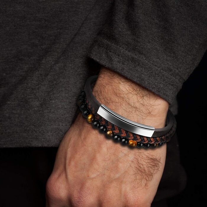 Чоловічий шкіряний браслет Casisto Lederarmband з гравіюванням, плетінка, магнітний замок (18.5 см, коричнево-срібний)