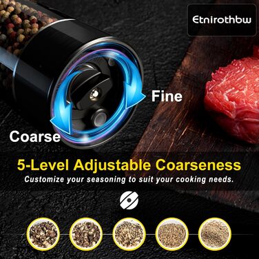 Electric Salt and Pepper Grinder Set, 2 Pieces, Automatic One-Hand Operation Pepper Grinders Rechargeable, Auto Pepper Shakers with Dust Covers, 5 Adjustable Coarseness Settings, LED Light