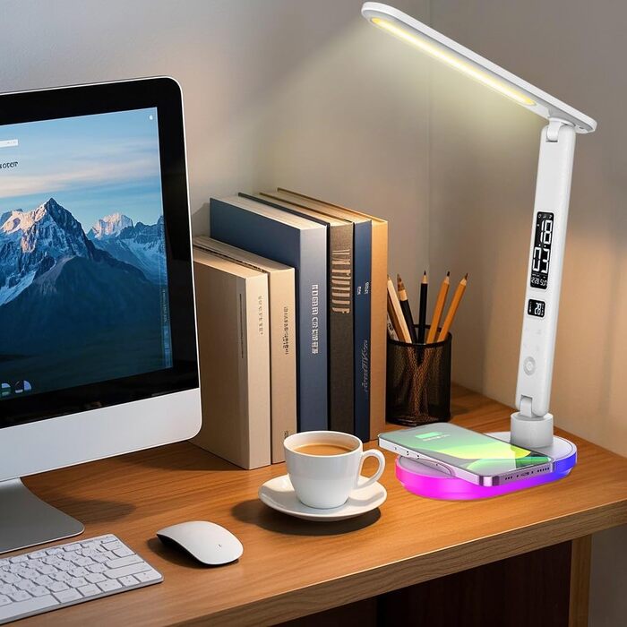 Настільна лампа CCHKFEI з регулюванням, годинником, LED-дисплеєм, бездротовим зарядним пристроєм 10W та USB-портом, 3 режими кольору, датчиком температури та RGB-підсвічуванням для читання, дому та офісу