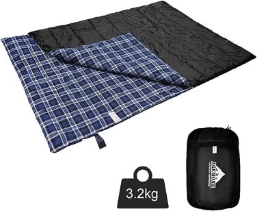 Cotton Flannel Double Sleeping Bag for Camping, Hiking, and Backpacking - Queen Size 2 Person Waterproof Sleeping Bag for Adults & Teens - Lightweight Black/Blue