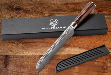 Ніж для хліба Wolfblood Damast XL (32 см) з хвилястим лезом | Дамаський ніж з 67 шарів сталі | Професійний кухонний ніж з дерев'яною ручкою, подарункова коробка та захист леза