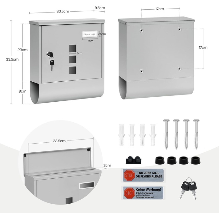 Поштовий ящик WOLTU з газетницею, оглядовим вікном та табличкою для імені, настінний, замикається на ключ (2 ключі), сучасний, сірий (30,5x33,5x9 см)