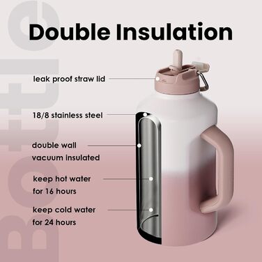 BOTTLE BOTTLE Insulated Water Bottle with Straw and Double Lid, Stainless Steel Sports Water Bottle for Men, with Handle, Vacuum Stainless Steel, for Workout and Sports, 1.8L, (Gradient Color)