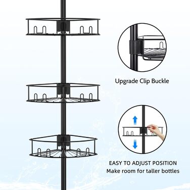 Bomclap Telescopic Shower Shelf with 4 Baskets and 1 Towel Holder, Shower Shelf No Drilling Required, Height Adjustable 149-276cm for Shower and Bathtub, Black