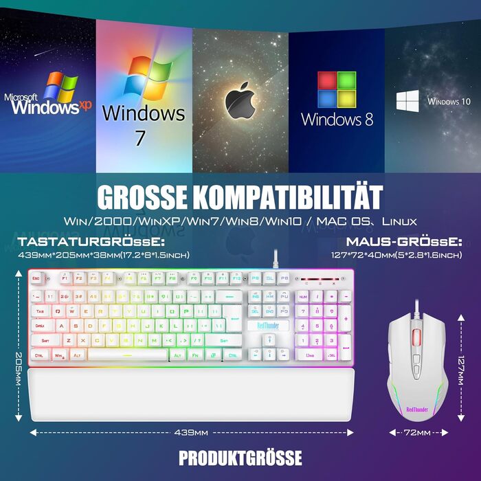 RedThunder K10 Ігровий Набір Клавіатура та Миша, QWERTZ DE-розкладка, Металева Пластина та Підставка для Руки, RGB-підсвічування та 7D, Ергономічний для ПК Геймерів (Білий)