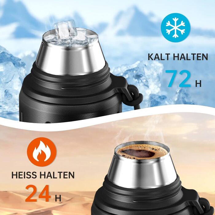 Термос Healter Thermoskanne 1л з чашкою (72 год холод, 24 год гаряче) - термофляга для кави, чаю, термокружка з знімним дном та фільтром, для подорожей, офісу та школи (зелений/чорний)