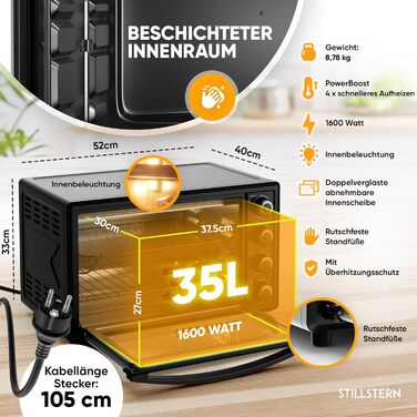 Міні-піч Stillstern 35L з конвекцією: піч для піци, гриль з поворотним шампуром, розморожування, таймер 2год, антипригарне покриття CYCLONE PRO+