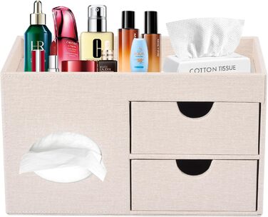 Tissue Box Linen with Drawers, Square Cosmetic Tissue Box with Magnetic Closure, Tissue Box with Side Pocket for Mobile Phones, Cosmetic Brushes, Remote Controls, Office Supplies, Perfumes (Beige)