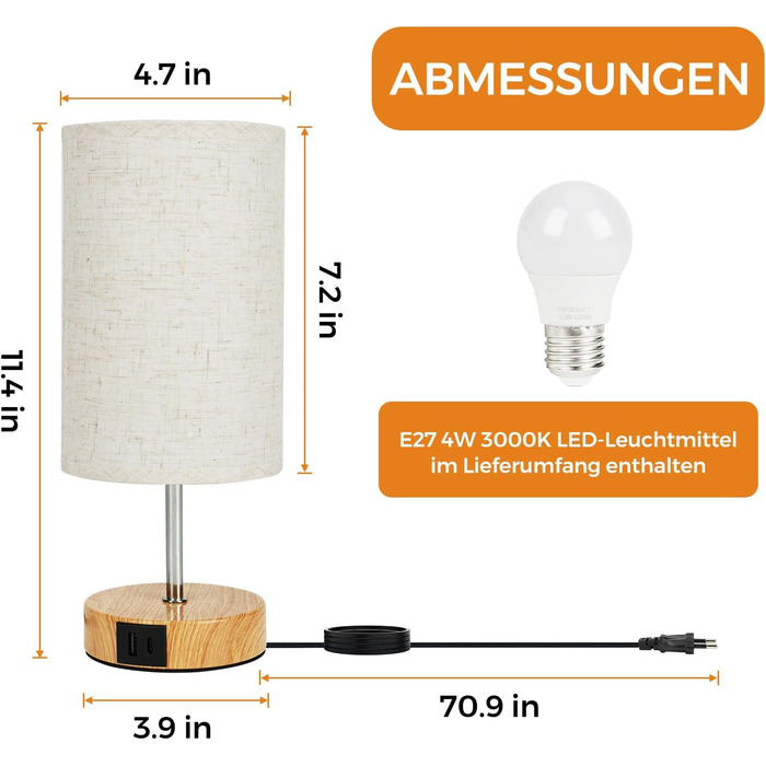 Настільна лампа Suright з торшером, сенсорне керування, диммування, USB A+C, тканинний абажур, дерев'яний цоколь, для спальні/вітальні (LED, 1 шт.) - бежева