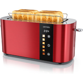 Тостер Arendo з нержавіючої сталі, 4-х секційний, з широкими слотами, сенсорний дисплей, подвійні стінки, 1500 Вт, підставка для булочок, 6 рівнів підсмажування, центрування хліба, індикатор часу, функція пам'яті (червоний)
