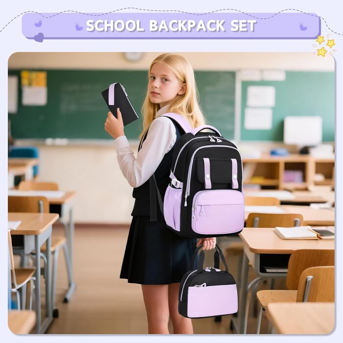 Дитячий рюкзак для школи для дівчаток: Kawaii рюкзак з великою місткістю (3-частинний набір, чорний та фіолетовий)