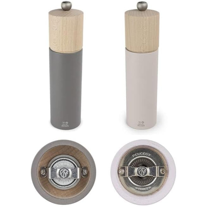 PEUGEOT - Duo Boreal 21 cm Pepper Grinder + Salt Grinder - Stainless Steel Funnel - Classic Setting - PEFC Certified Beechwood - French Know-How - Grey Rock & Pale Pink