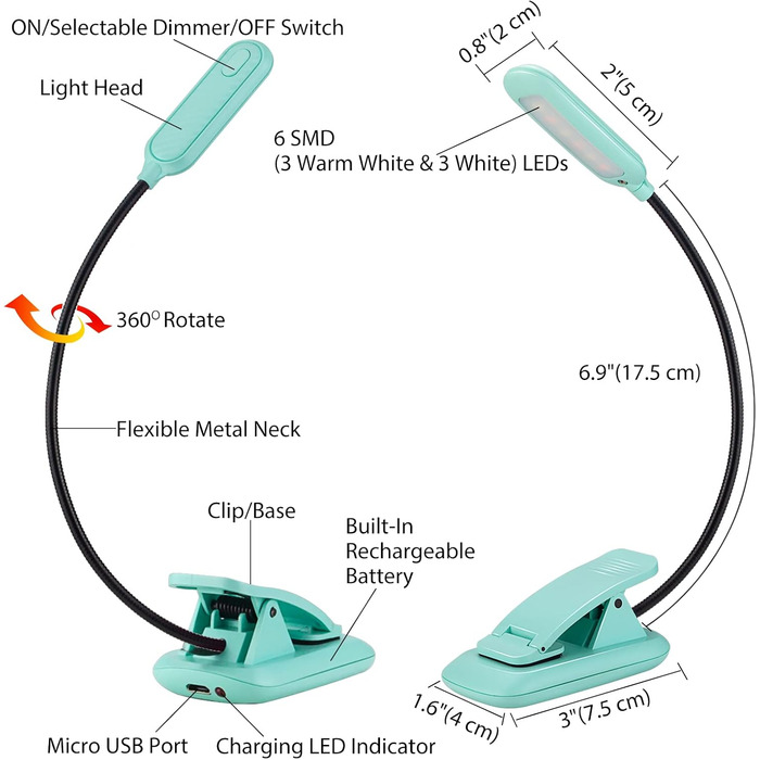 Ліхтар для читання BIGMONAT з USB зарядкою, кліпсою, 6 LED, 3 режими яскравості та колірної температури, гнучкий на 360°, синій