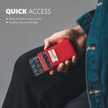 VULKIT RFID портмоне для кредитних карток з EDC-відсіками та вікном для посвідчення, тонкий металевий гаманець з Pop-Up механізмом, червоний