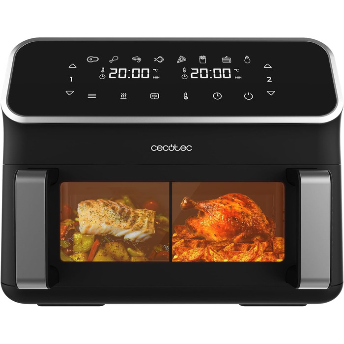 Cecotec Digital Hot Air Fryer 9L with Window - Air Fryer Cecofry Panoramic 9000. 2700W, movable divider, dual temperature, temperature from 80-200 ºC, 8 modes, multifunctional touch panel Black | Window 1 Basket 9 Liters + Divider | 12 Modes
