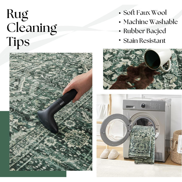 Килим миючий, з штучної вовни, світло-бежевий, для дому, під ліжко, до спальні, обідньої кімнати, під стіл, 2' x 6' (Прямокутний), темно-зелений