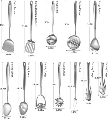 Набір кухонних аксесуарів з нержавіючої сталі 304, 12 предметів. Комплект кухонного начиння з лопаткою, половником, ложками, шумівкою, лопаткою для перевертання, щипцями (сріблястий, придатний для миття в посудомийній машині)