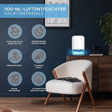 Компактний міні-зволожувач повітря - електричний, енергоефективний, видаляє плісняву та конденсат (1100 мл, білий)