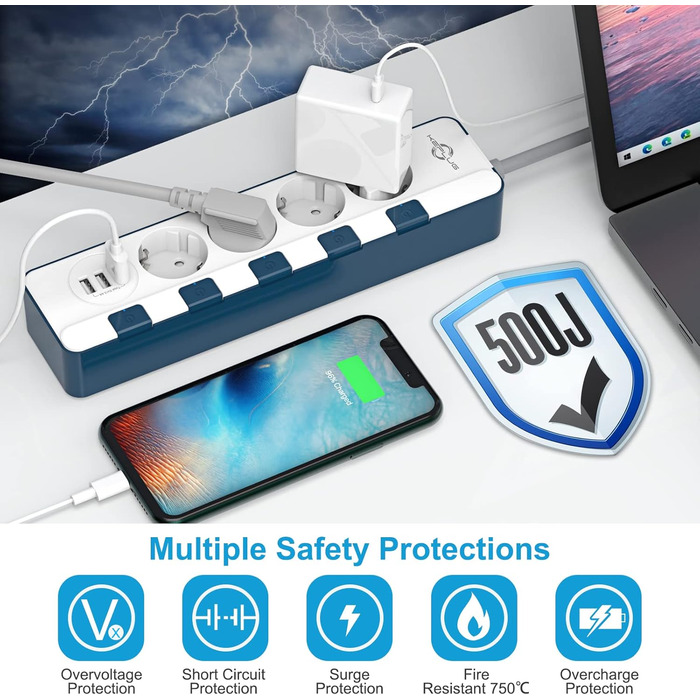 Мережевий фільтр KEPLUG з 6 розетками та 3 USB-портами (4000W, 16A), блакитний, з дитячим захистом, 2 м кабель