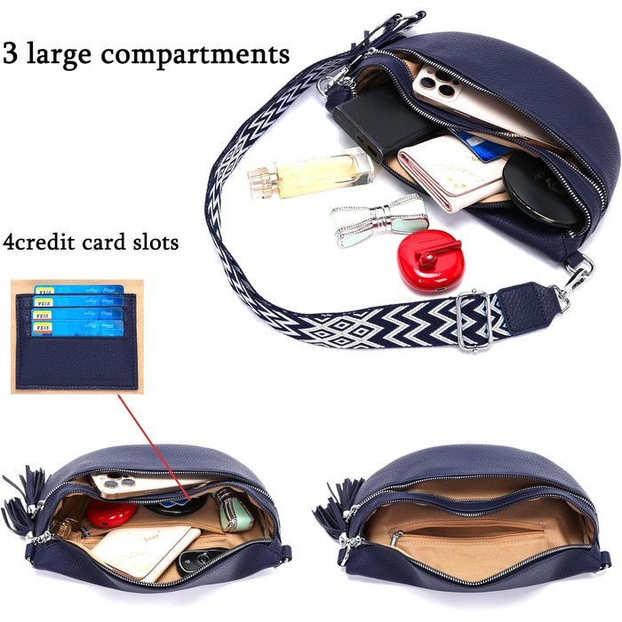 Сумка поясна жіноча бежева через плече кросбоді середнього розміру з відділенням для карток та 2 ремінцями, жіноча сумка (Темно-синя)