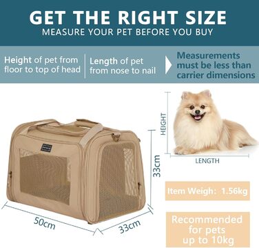 Транспортна переноска для котів та собак Petsfit, складана сумка-переноска, 50L x 33B x 33H см, з м'яким розкладним килимком та регульованим плечовим ременем, Khaki