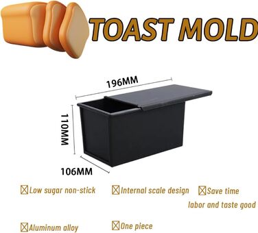 Baking sheet with lid, rectangular loaf pan made of aluminum steel with non-stick coating for bread, cake, and toast, bun baking pan multifunctional, lightweight, easy to release for baking and roasting. 19.6*10.6*11cm