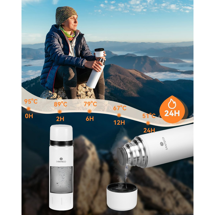 Термос-термокана з нержавіючої сталі SANTECO 1л, 500мл, не протікає, з кришкою-чашкою для подорожей. Термос для кави та чаю для дітей, спорту, без BPA, 24 години холод, 12 годин тепло (білий, 1000 мл)