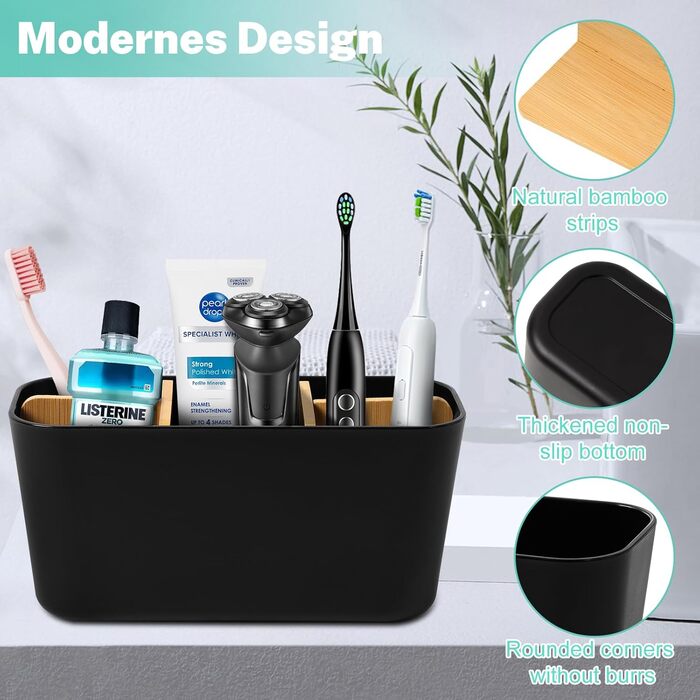 Підставка для зубних щіток з бамбуковими перегородками, органайзер для зубних щіток на 4 відділення + місце для пасти, чорний