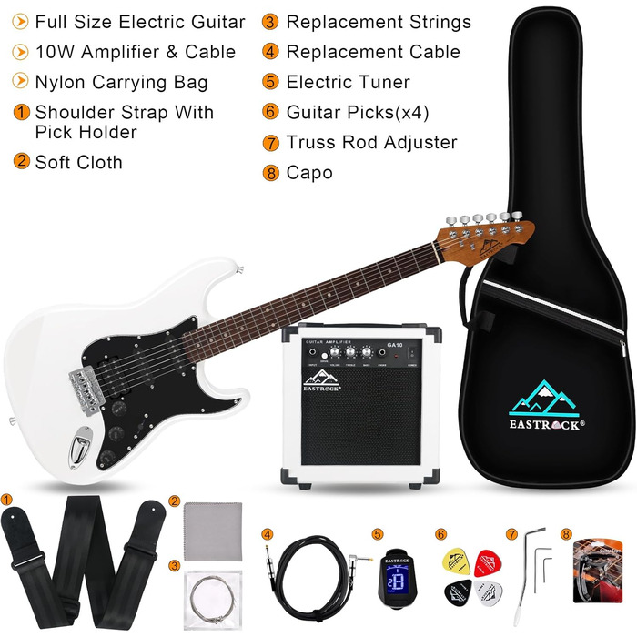 Електрогітара Eastrock E Gitarre Set 39 дюймів з аксесуарами (біла)