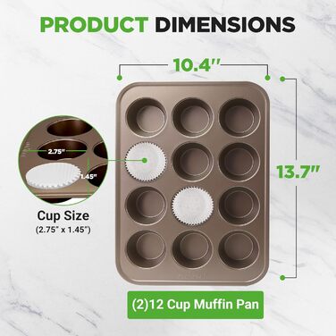 NutriChef 2-Piece Muffin Tin, Non-Stick Coated – PTFE-, PFOA-, PFOS & BPA-Free Muffin Tray – Muffin Sheet with 12 Cups, total 24 Pieces – Muffin Tin Made of Carbon Steel – Dishwasher Safe & with High Rim